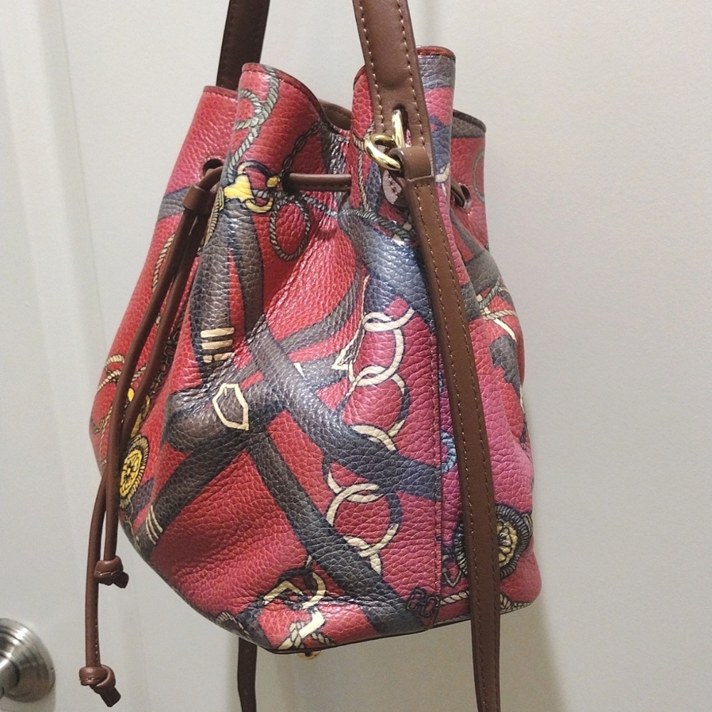 Talbot's Equestrian Print Leather Bucket Bag Crossbody EUC - Picture 4 of 10